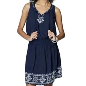 J.Jill M Midi Dress Navy Blue Blum Embroidered Boho Resort Coastal Chic Vacation